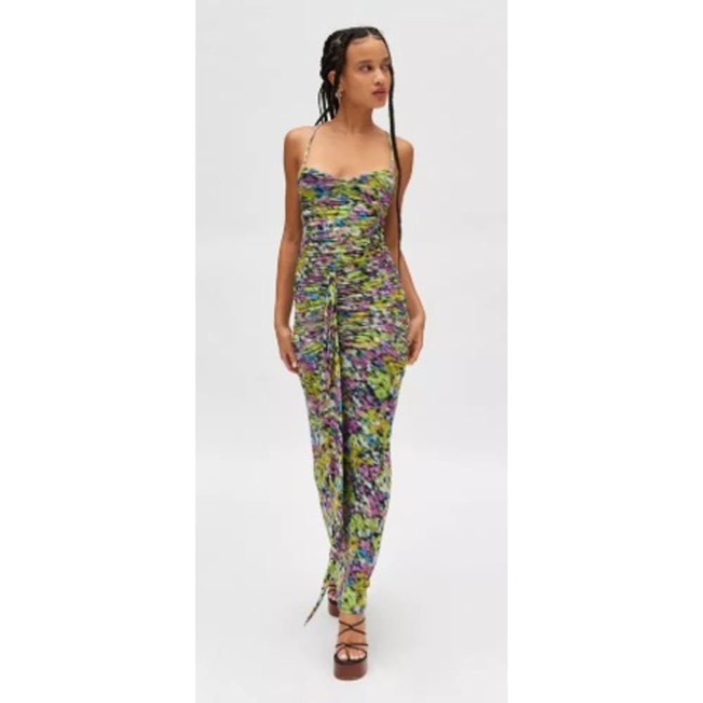AFRM Ruched Mesh Maxi Dress Womens M Multicolor Abstract Floral Bodycon Party